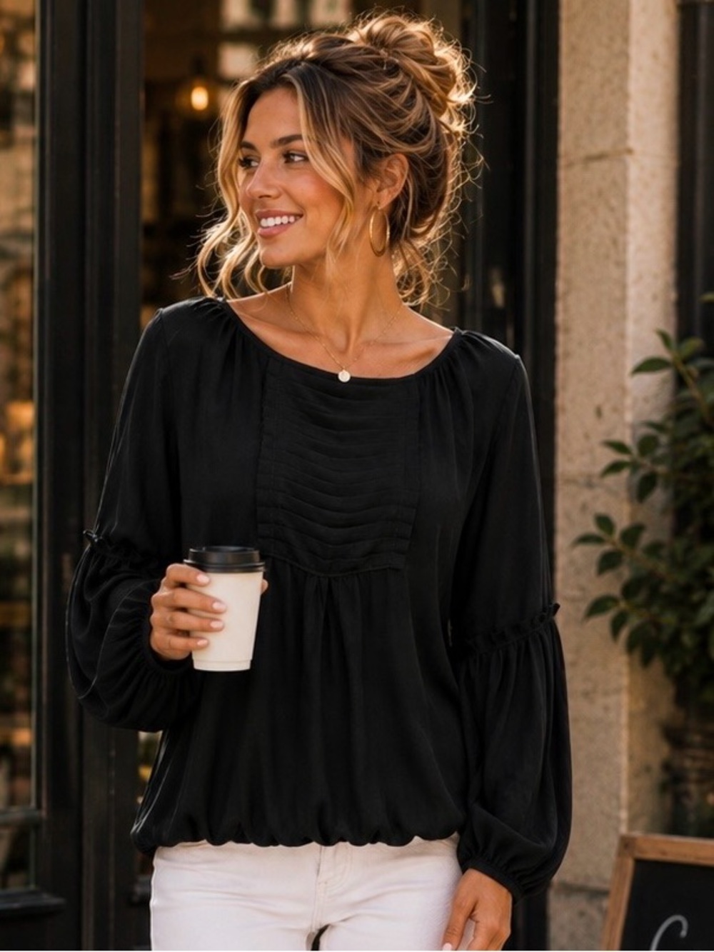 Sharon Young Black Pintuck Peasant Blouse M Boho